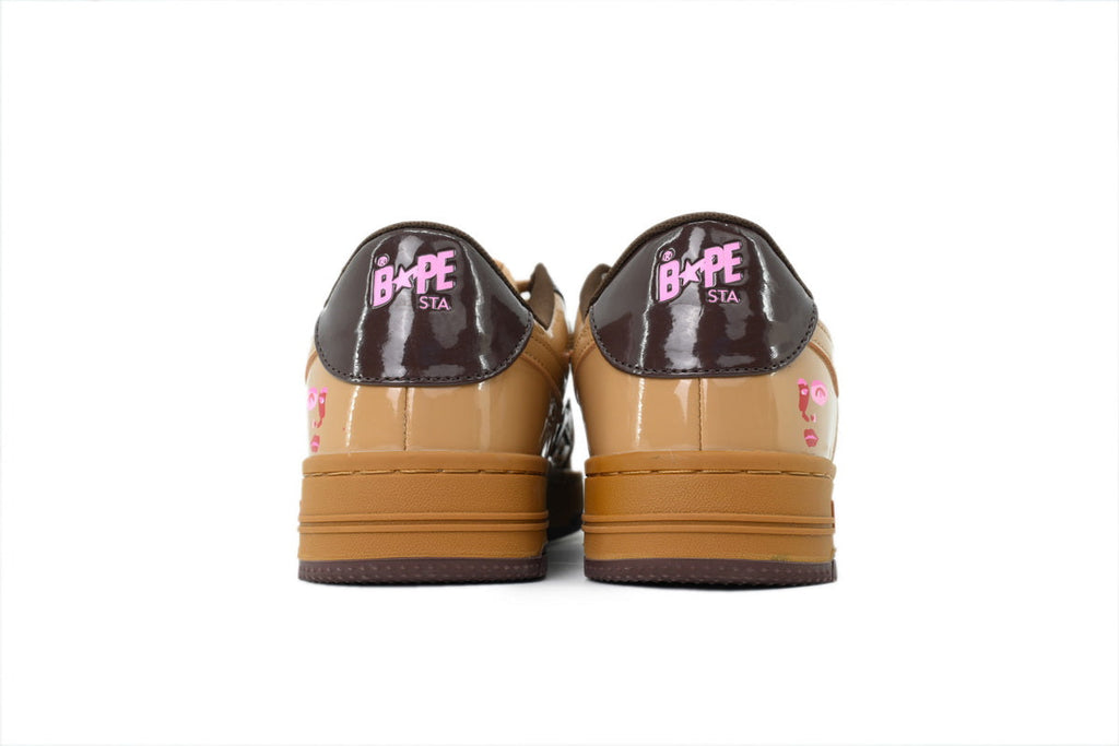 A BATHING APE BAPE STA Glossy Tan & Caramel Eye-Graphic Sneakers | Women's & Men's Skate-Inspired Shoes