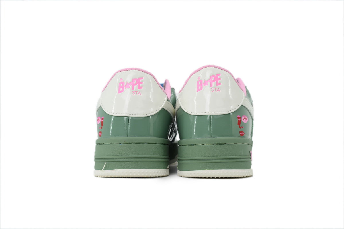 A BATHING APE BAPE STA Glossy Sage Green & Sky Blue Eye-Graphic Sneakers | Women's & Men's Skate-Inspired Shoes