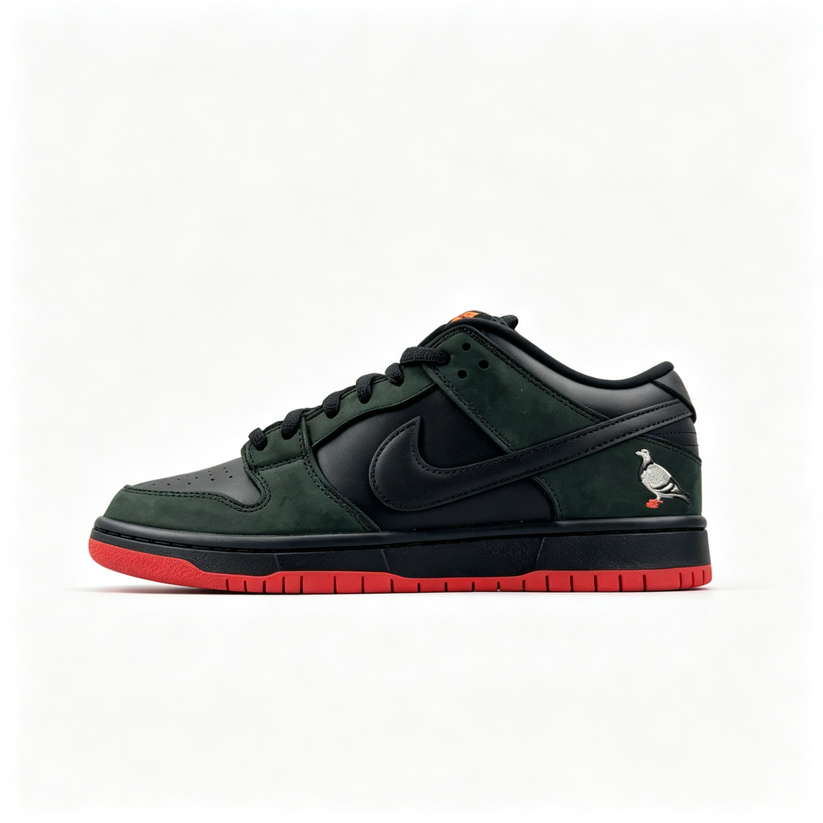 Nike Dunk Low Custom — Dark Forest Green / Black / Red Pigeon Embroidery