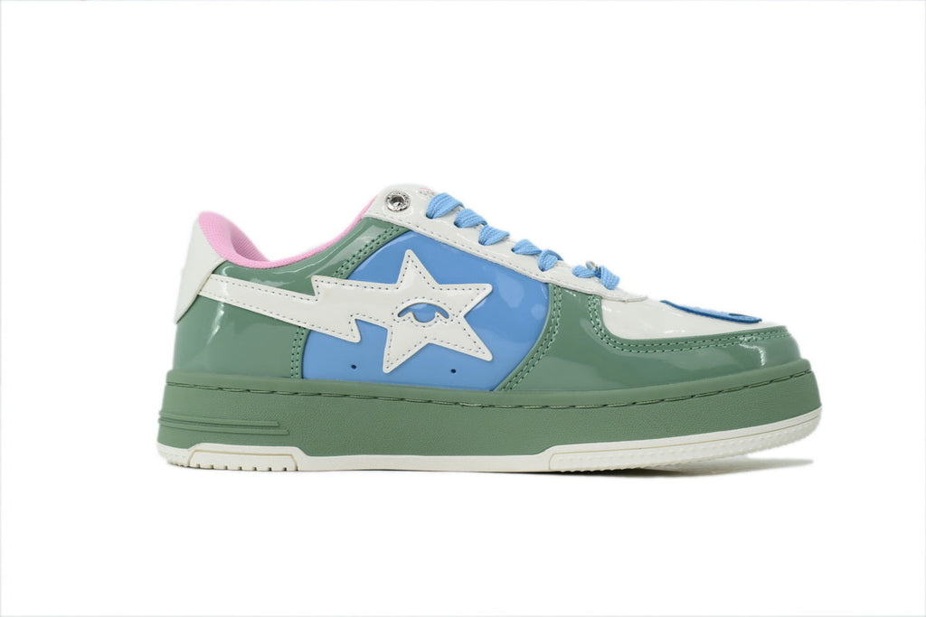 A BATHING APE BAPE STA Glossy Sage Green & Sky Blue Eye-Graphic Sneakers | Women's & Men's Skate-Inspired Shoes