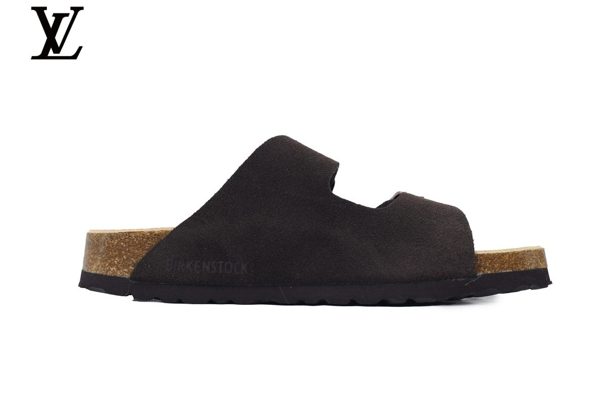 louis vuitton shoes for man  women Birkenstock Slide Sandal in Dark Coffee Suede with Double Buckle and Cork Footbed