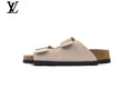 louis vuitton shoes for man  women Birkenstock Slide Sandal in Off-White Suede with Double Buckle and Cork Footbed