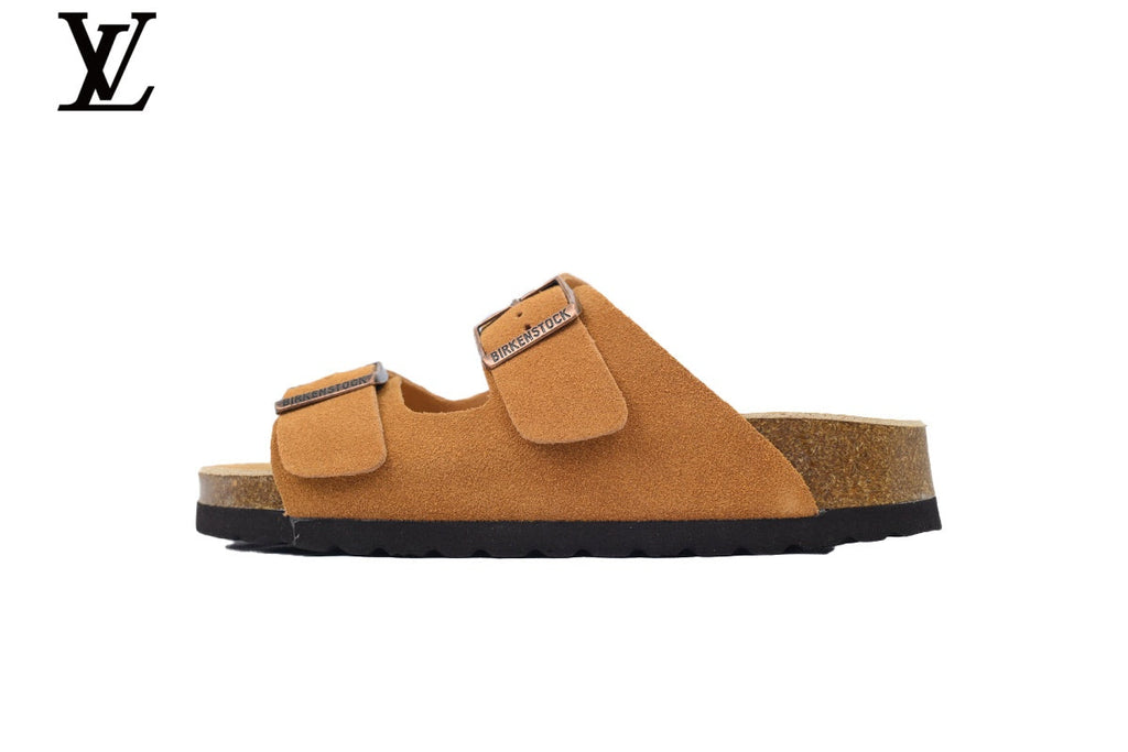 louis vuitton shoes for man  women Birkenstock Slide Sandal in Tan Suede with Double Buckle and Cork Footbed