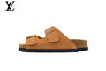 louis vuitton shoes for man  women Birkenstock Slide Sandal in Tan Suede with Double Buckle and Cork Footbed