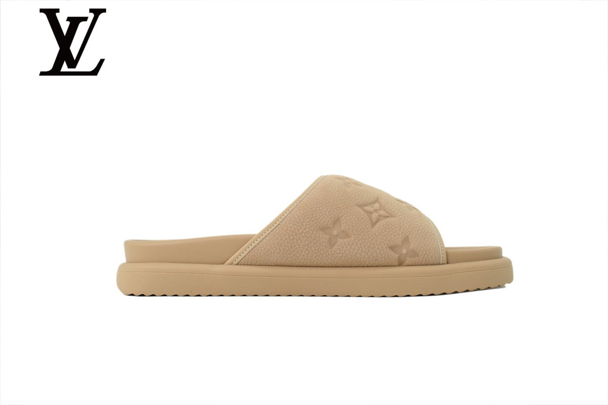 louis vuitton shoes for man  women Beige Monogram-Pattern Nubuck-Look Slides | Sizes 35–46