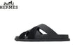 Hermès Black Leather and Suede Cross-Strap Slide Sandal