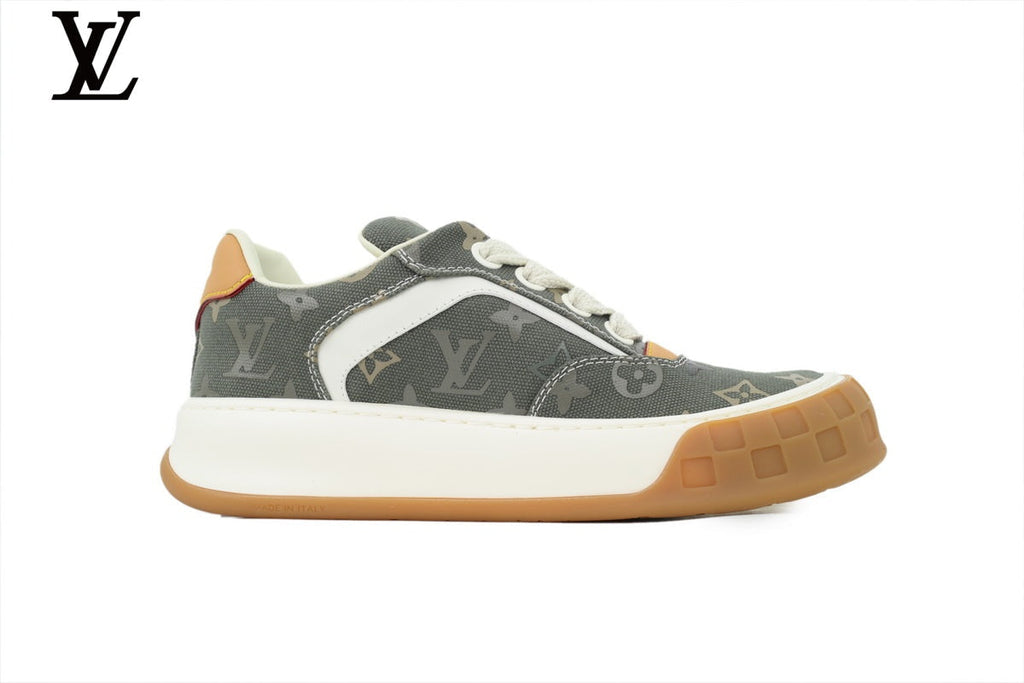 Louis Vuitton Low Top Sneaker in Olive Monogram Canvas with White Leather Trim and Gum Sole