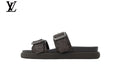 Louis Vuitton Monogram Slide Sandal in Dark Brown with Silver Buckle and Double Strap