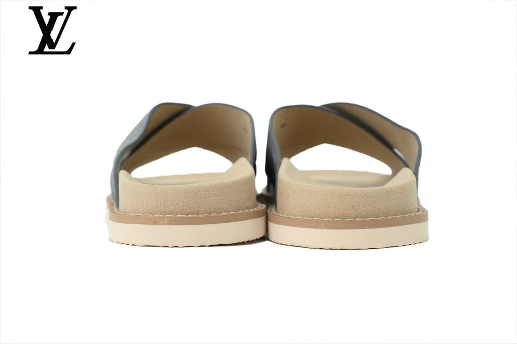 Louis Vuitton Cross Strap Slide Sandal – Grey Suede Leather & Beige Footbed