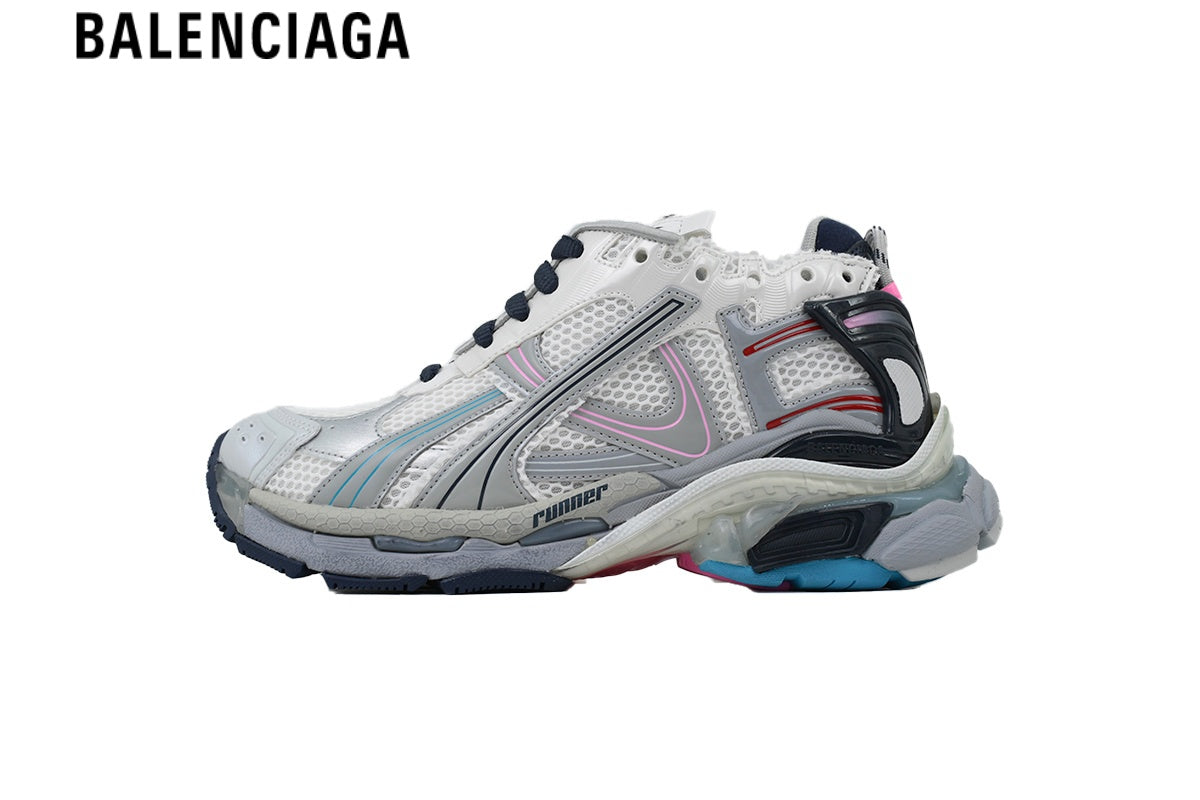 Balenciaga Runner Sneaker — White Mesh & Silver Multi-Color Line Overlays