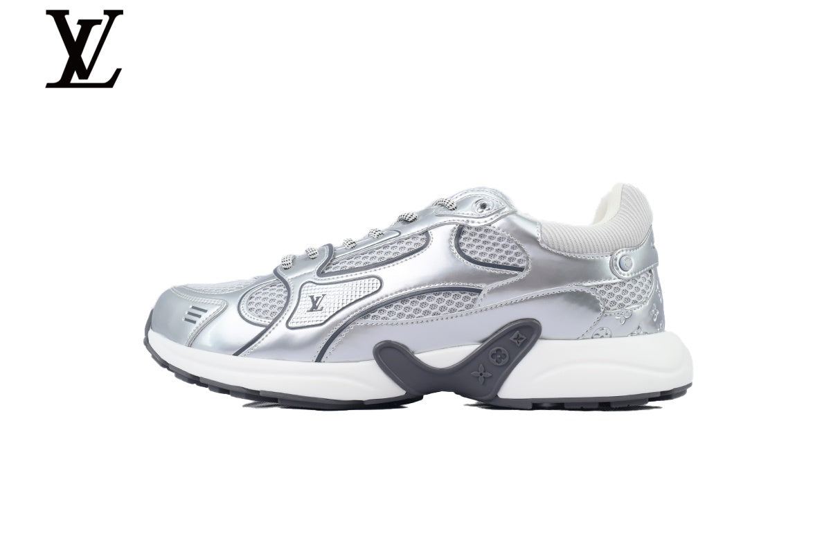 LV Low Top Sneaker Silver & Lavender Metallic Mesh Leather White Midsole