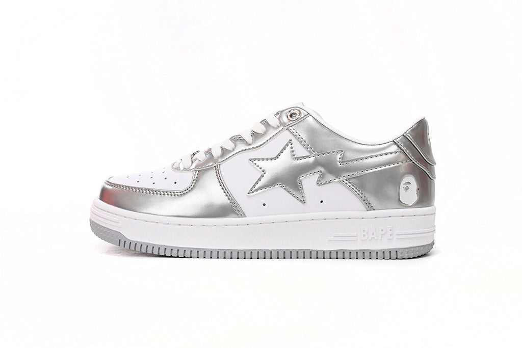 A BATHING APE BAPE STA Metallic Silver & White Sneakers | Women's & Men's Skate-Inspired Shoes