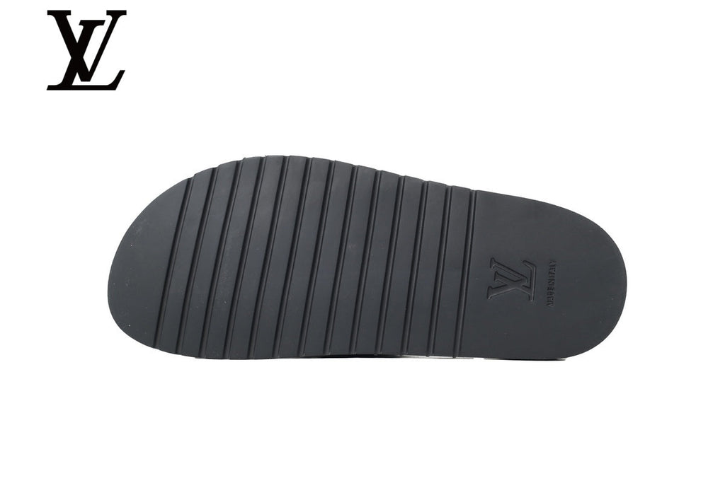 louis vuitton shoes for man  women Black Monogram-Pattern Leather-Look Slides | Sizes 35–46