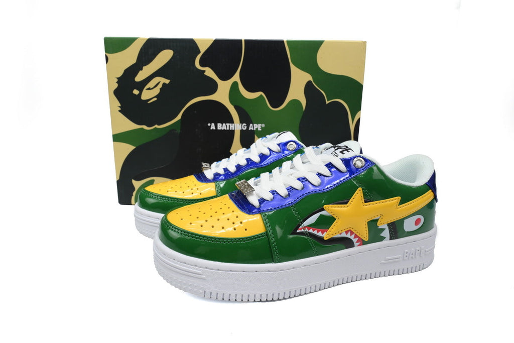 A BATHING APE BAPE STA Glossy Green, Yellow & Blue Shark Sneakers | Women's & Men's Skate-Inspired Shoes