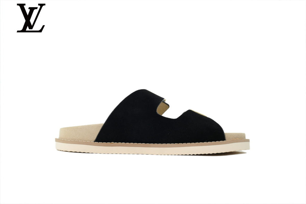 Louis Vuitton Double Strap Slide Sandal – Black Suede Leather & Gold Buckle