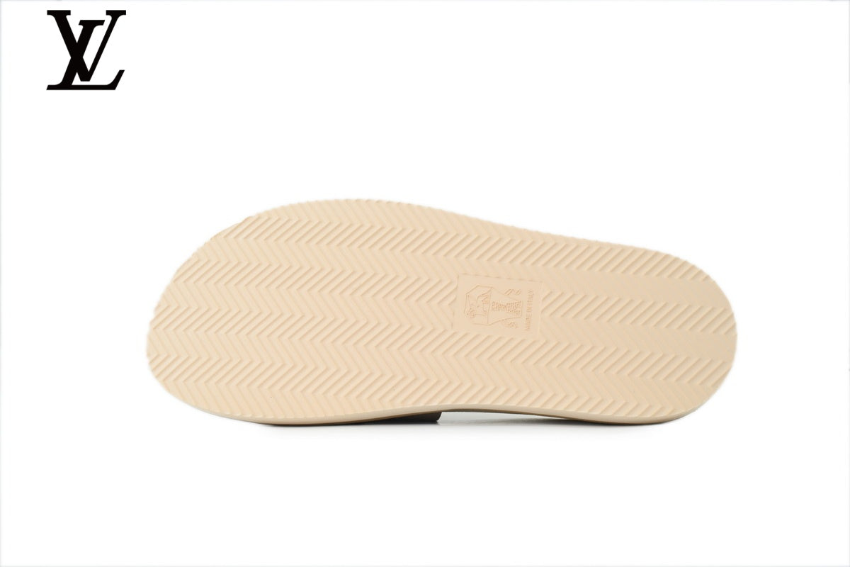 Louis Vuitton Single Strap Slide Sandal – Light Taupe Suede Leather & Beige Footbed