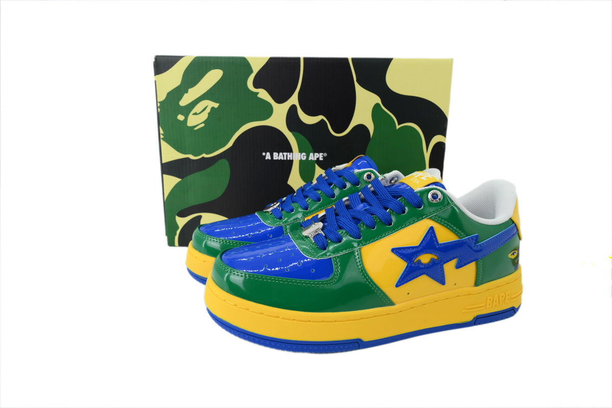 A BATHING APE BAPE STA Glossy Green, Yellow & Blue Eye-Graphic Sneakers | Women's & Men's Skate-Inspired Shoes