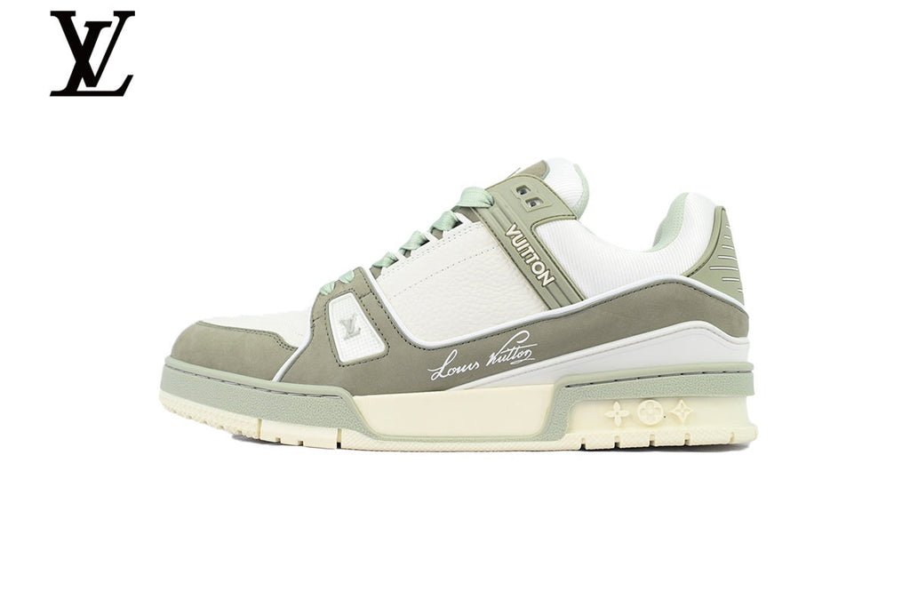 Louis Vuitton Low Top Trainer – White & Sage Green Mixed Leather & Suede