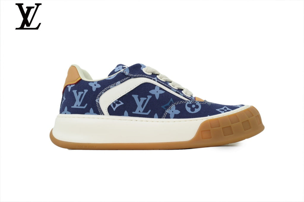 Louis Vuitton Low Top Sneaker in Blue Monogram Canvas with White Leather Trim and Gum Sole