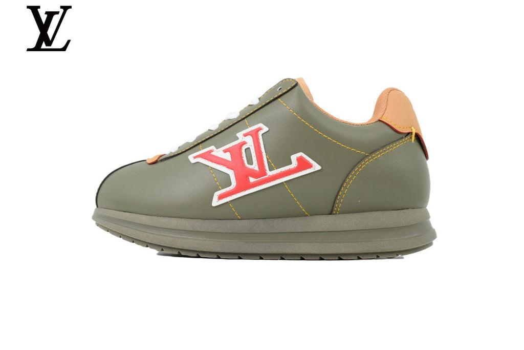 Louis Vuitton Low Top Sneaker in Olive Smooth Leather with Red LV Logo