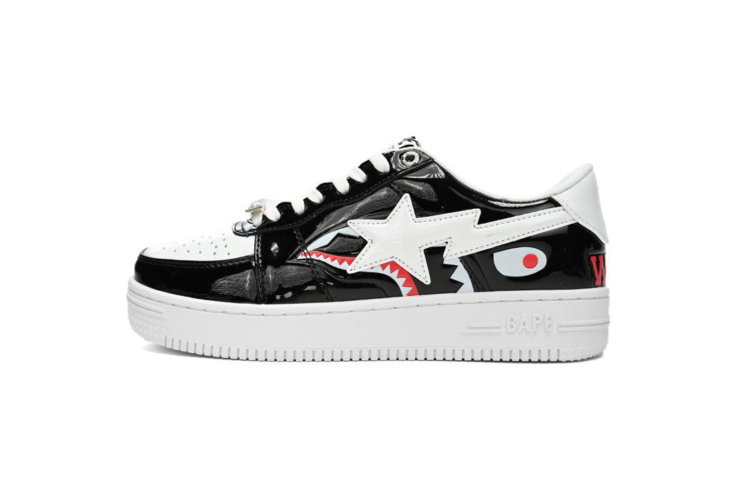 A BATHING APE BAPE STA Glossy Black & White Shark Graphic Sneakers | Women's & Men's Skate-Inspired Shoes