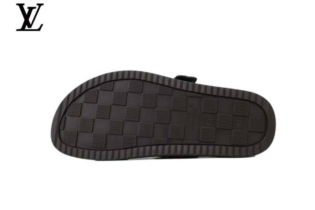 Louis Vuitton Monogram Slide Sandal in Dark Brown with Silver Buckle and Double Strap