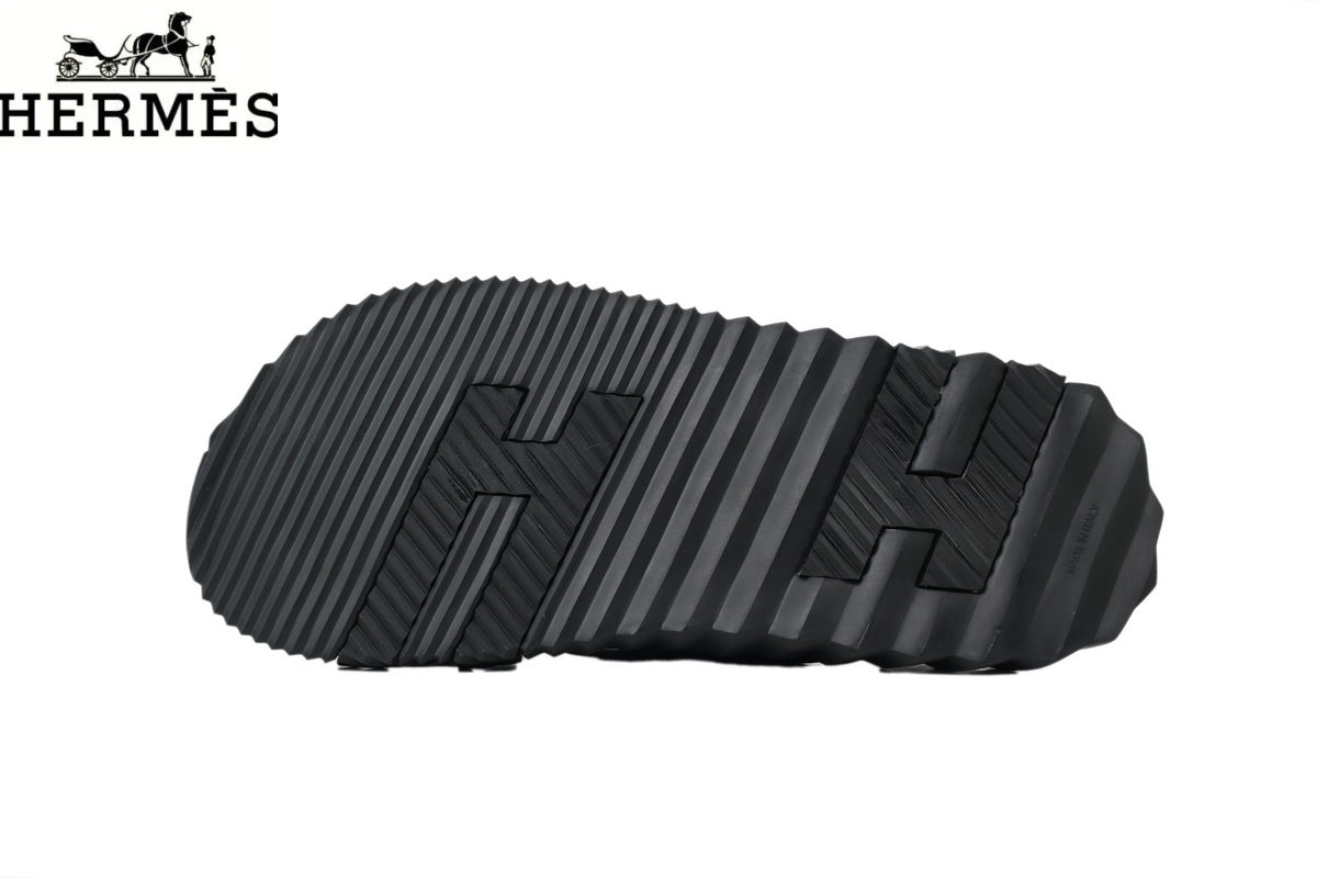 Hermès Black Leather and Suede Cross-Strap Platform Slide Sandal