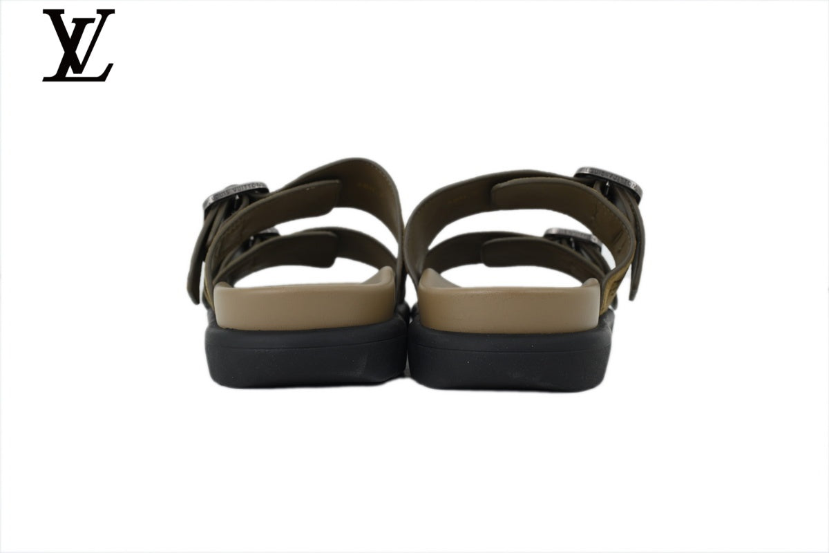 Louis Vuitton Monogram Slide Sandal in Khaki with Double Buckle