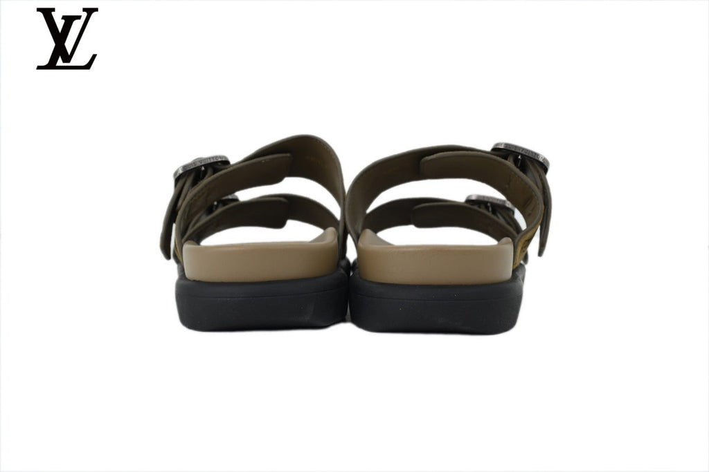 Louis Vuitton Beige Monogram Gold Buckle Double Strap Slide