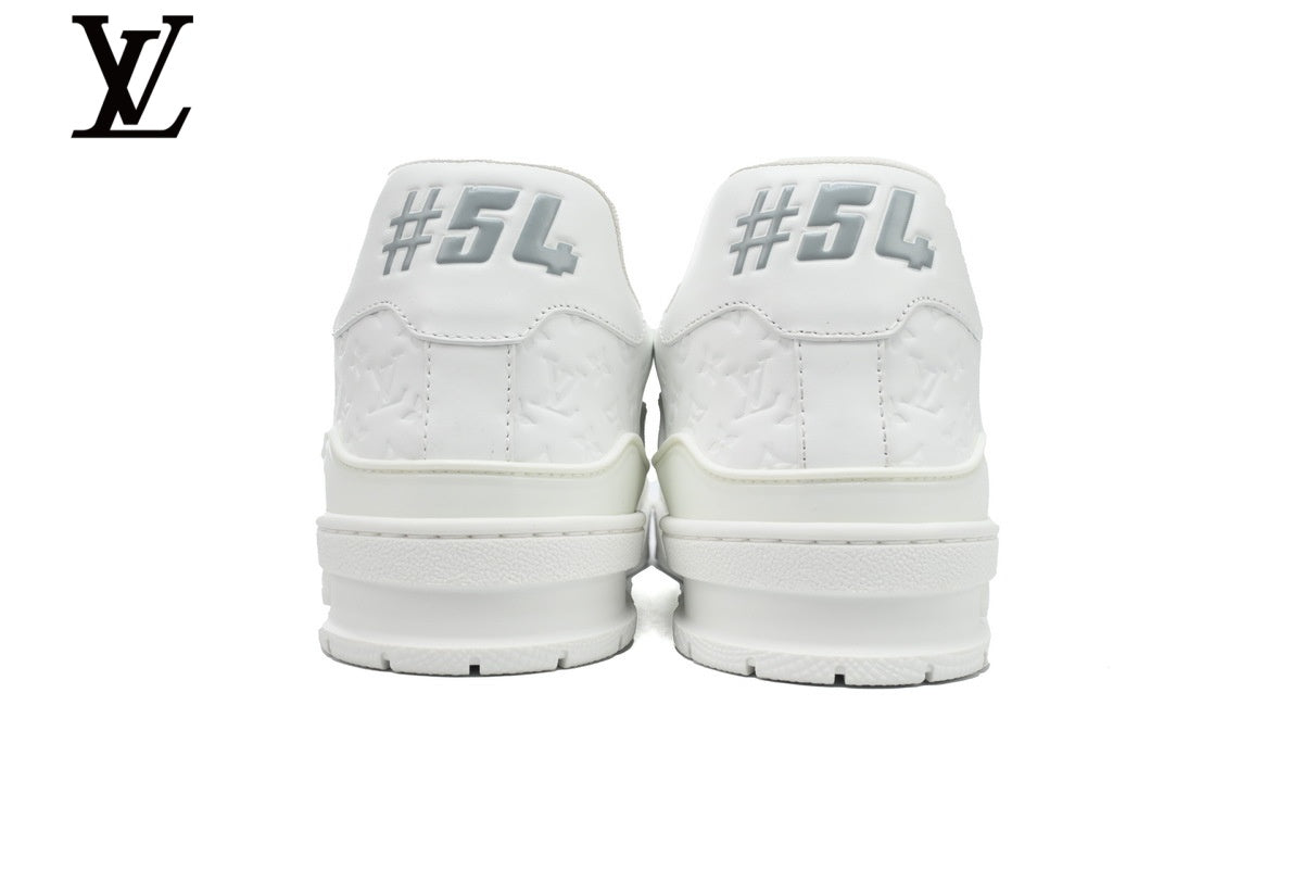 Louis Vuitton Low Top Trainer – White Monogram Embossed Leather & Gold Signature