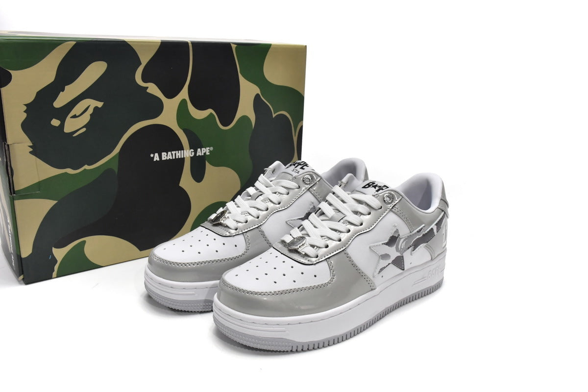 A BATHING APE BAPE STA Silver & White Camo-Star Sneakers | Women's & Men's Skate-Inspired Shoes