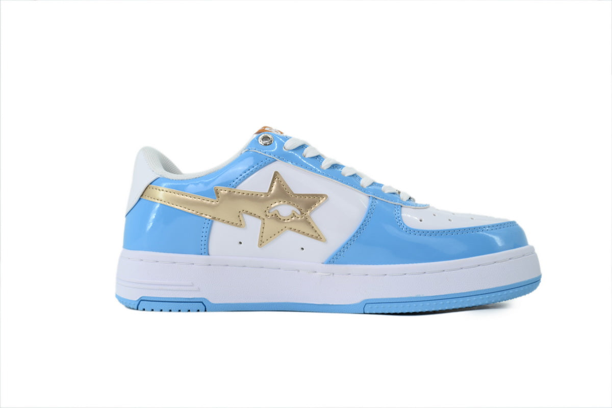 A BATHING APE BAPE STA Glossy Sky Blue & White Gold Eye-Graphic Sneakers | Women's & Men's Skate-Inspired Shoes