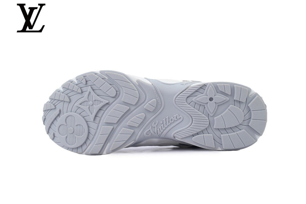 Louis Vuitton Low Top Sneaker – White Mesh & Leather with Monogram Panel & Grey Outsole