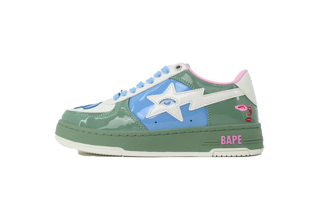 A BATHING APE BAPE STA Glossy Sage Green & Sky Blue Eye-Graphic Sneakers | Women's & Men's Skate-Inspired Shoes