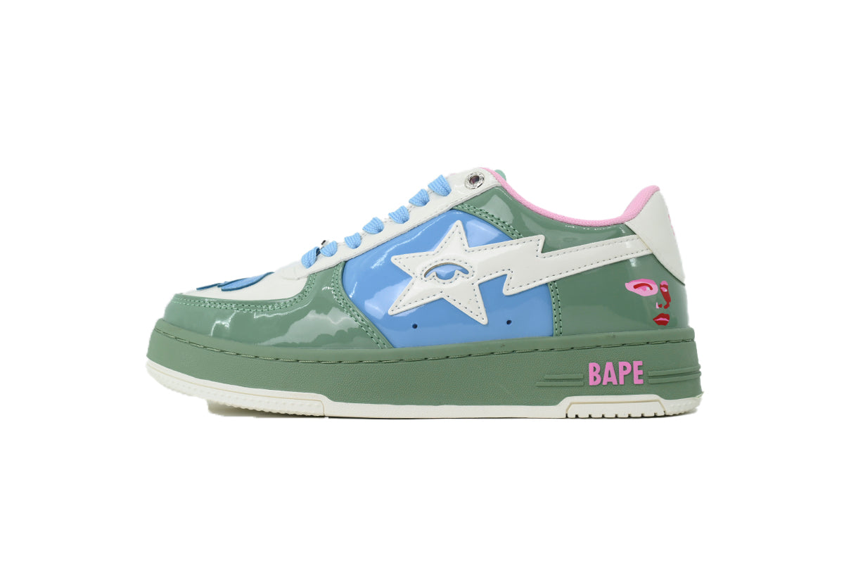 A BATHING APE BAPE STA Glossy Sage Green & Sky Blue Eye-Graphic Sneakers | Women's & Men's Skate-Inspired Shoes