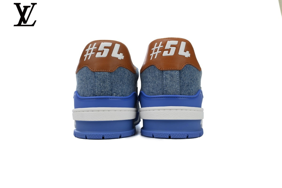Louis Vuitton LV shoes for man  women Trainer Sneaker – Blue Denim & Brown