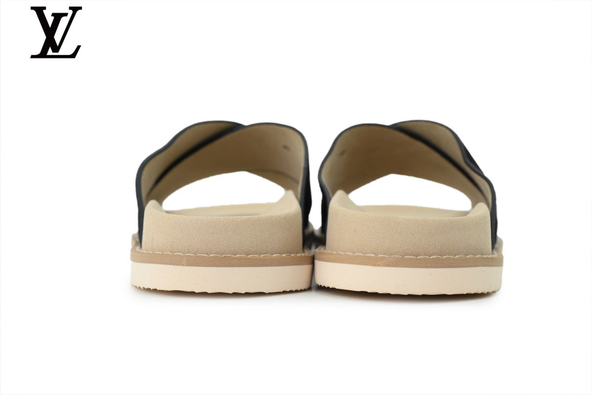 Louis Vuitton Slide Sandal in Black Suede with Cross Strap