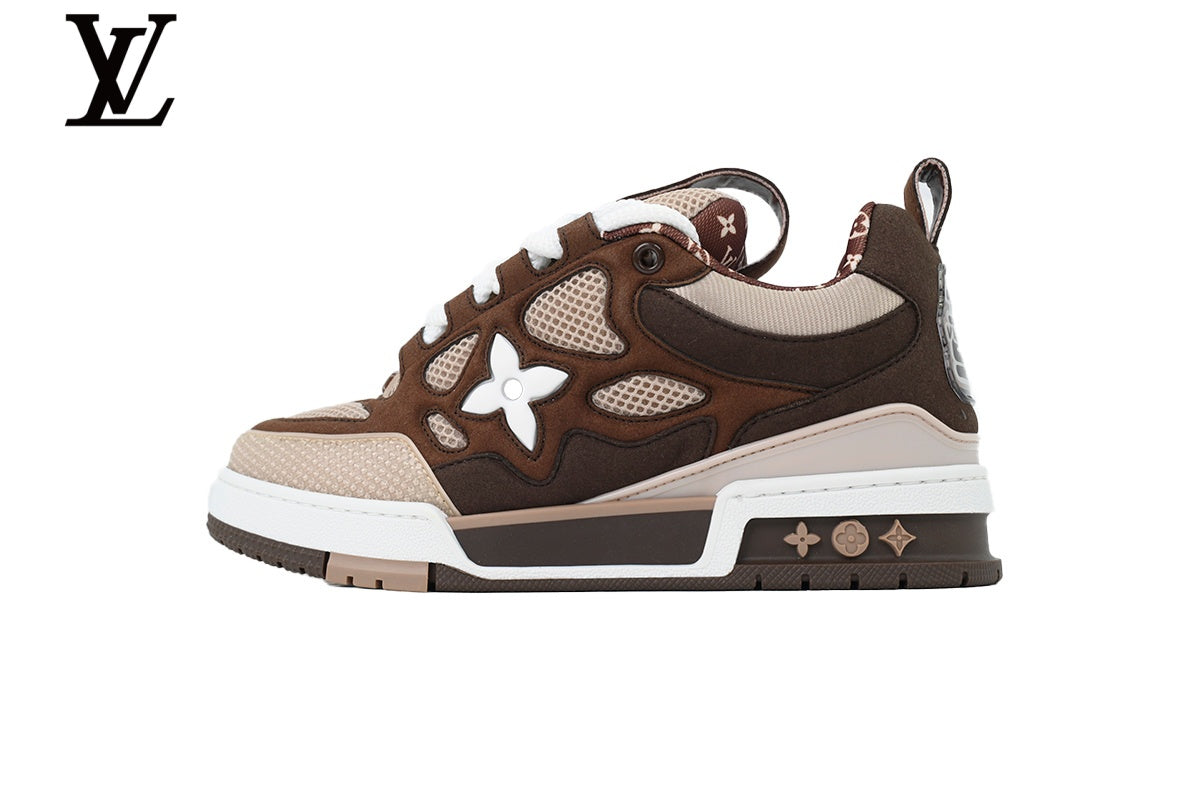 Louis Vuitton Trainer  shoes for man  women Sneaker – Dark Brown Suede & Mesh with Beige & White