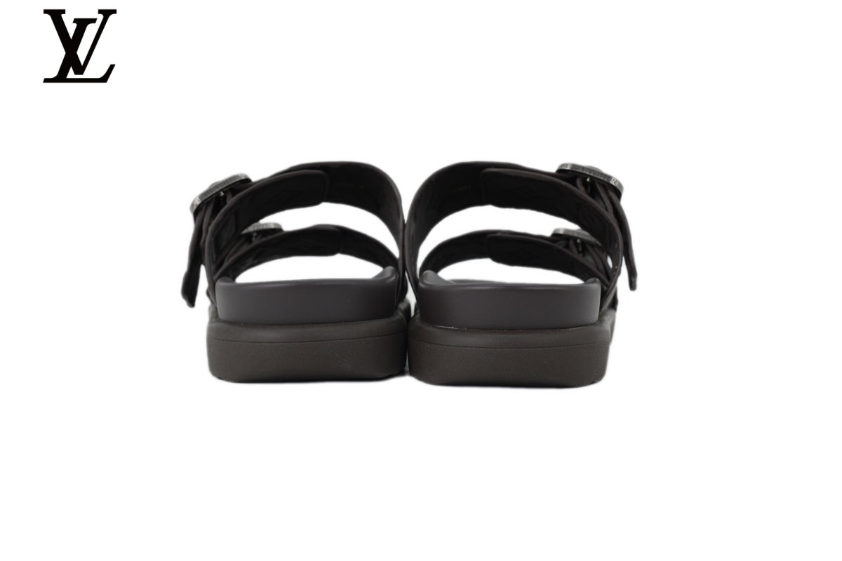 Louis Vuitton Monogram Slide Sandal in Dark Brown with Silver Buckle and Double Strap