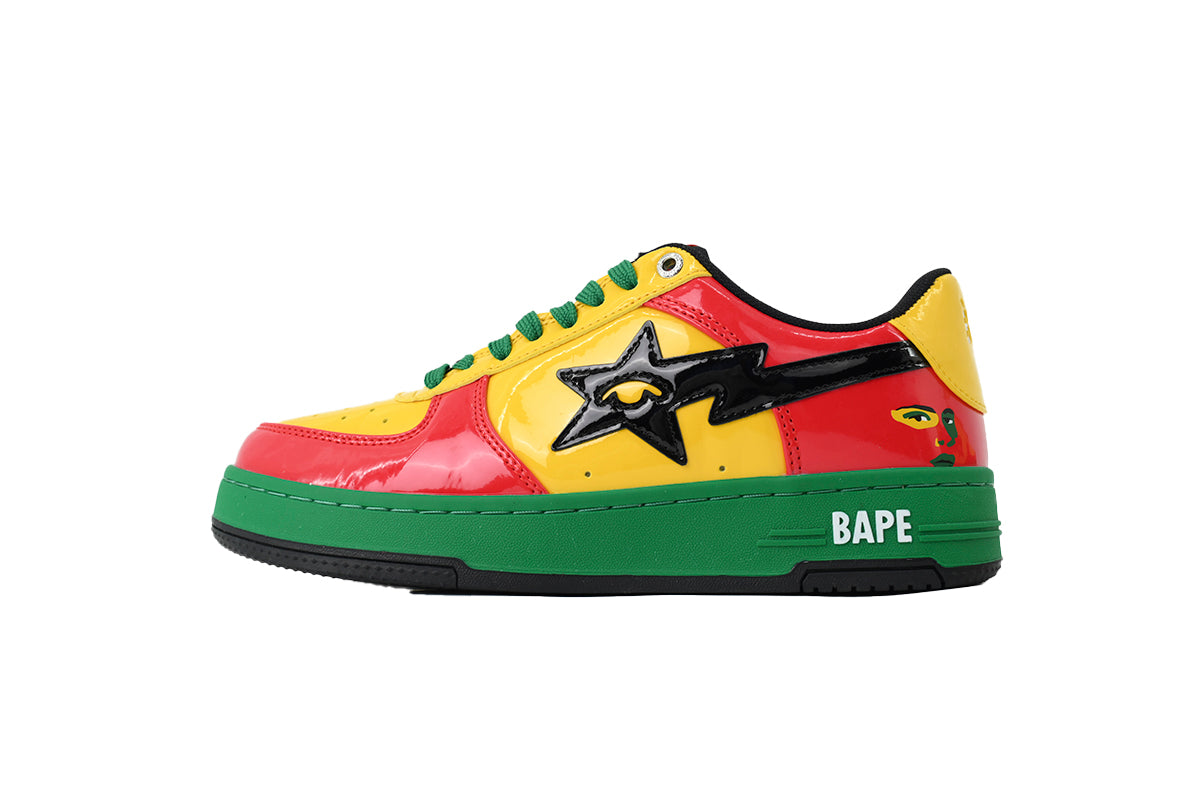 A BATHING APE BAPE STA Glossy Red, Yellow & Green Eye-Graphic Sneakers | Women's & Men's Skate-Inspired Shoes