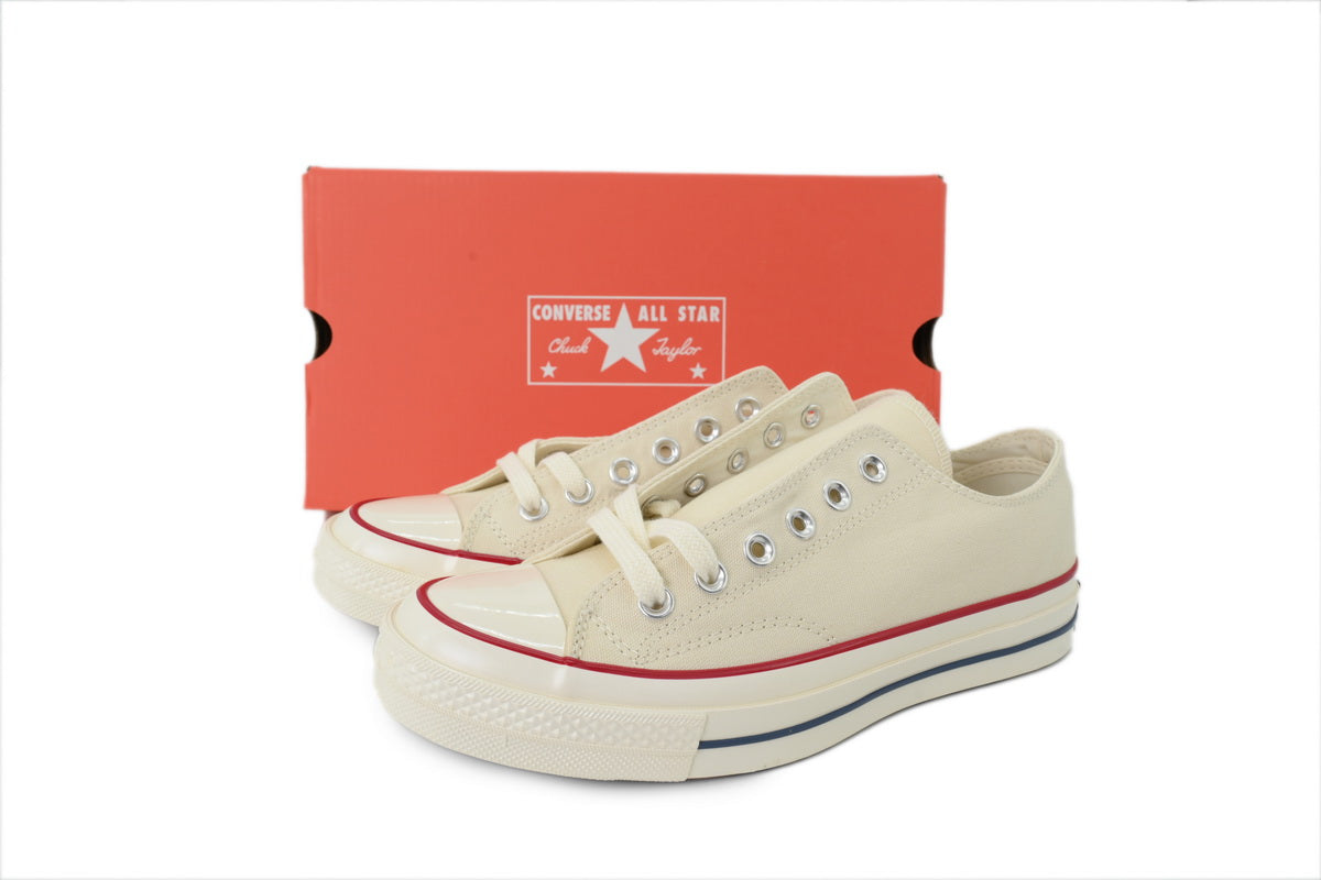 Converse Chuck 70 Women's Men's Shoes | Cream Low-Top Canvas Sneakers with Red & Blue Stripes