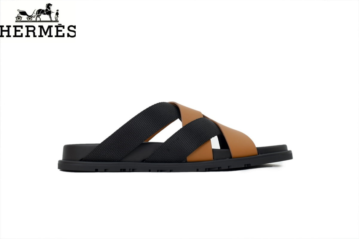 Hermès   slides Tan Leather and Black Fabric Cross-Strap Slide Sandal