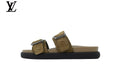 Louis Vuitton Beige Monogram Gold Buckle Double Strap Slide