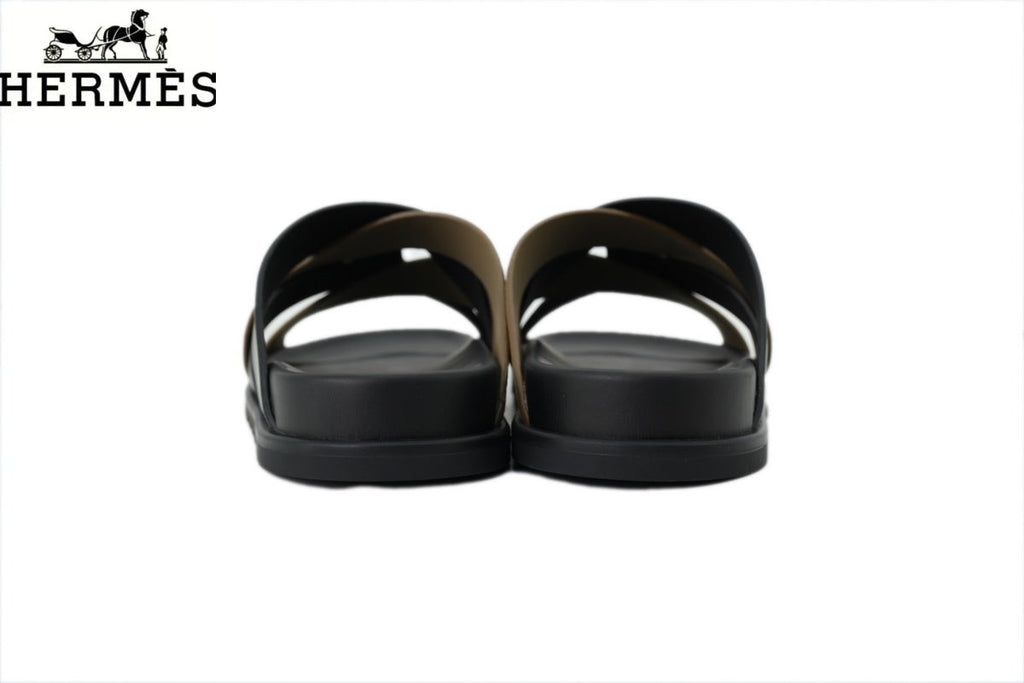 Hermès Black and Khaki Suede Cross-Strap Slide Sandal