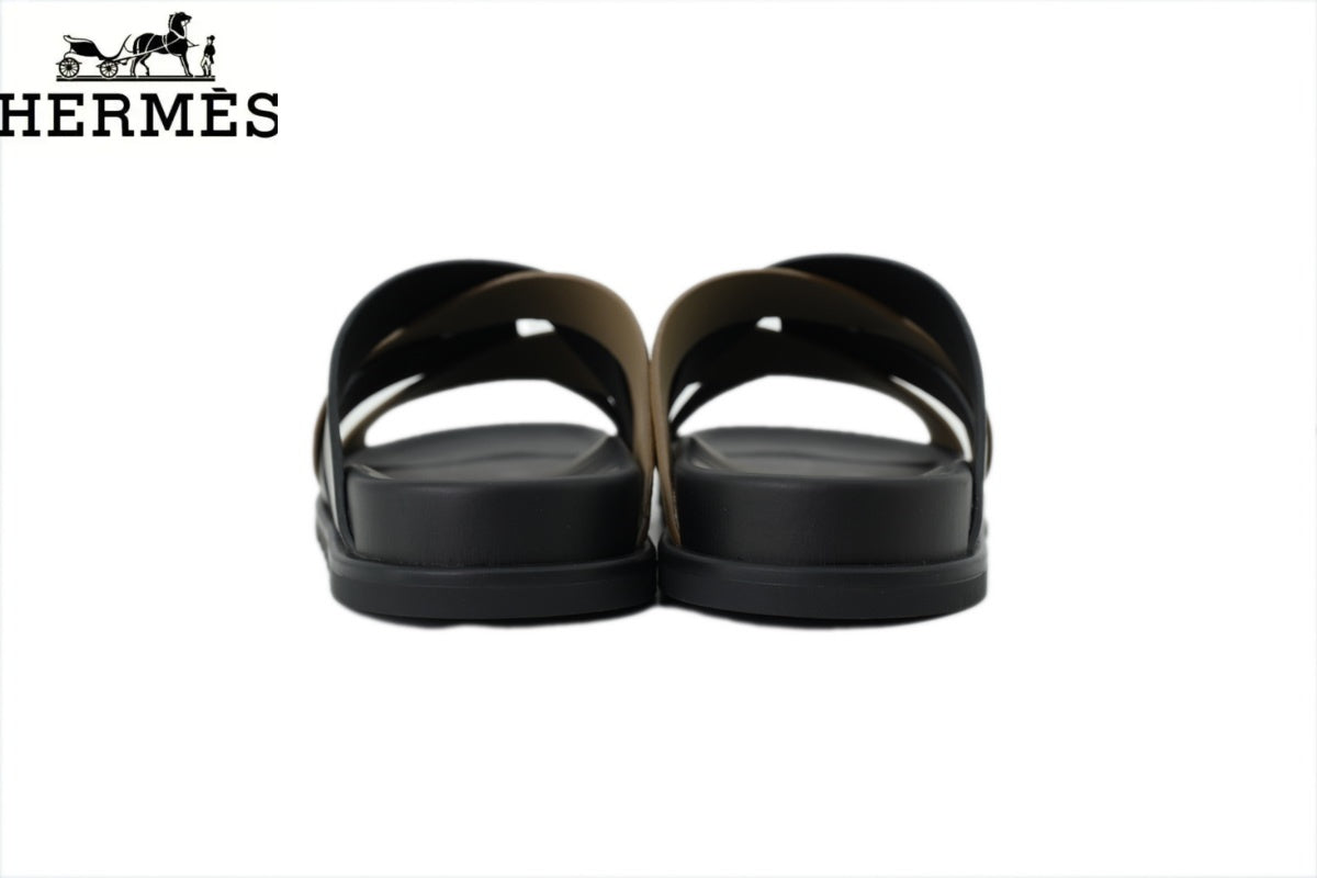 Hermès Black and Khaki Suede Cross-Strap Slide Sandal