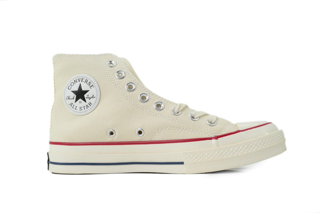 Converse Chuck 70 Women's Men's Shoes | Cream High-Top Canvas Sneakers with Red & Blue Stripes