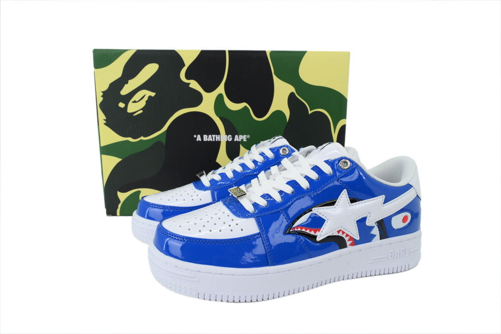 A BATHING APE BAPE STA Glossy Royal Blue & White Shark Sneakers | Women's & Men's Skate-Inspired Shoes