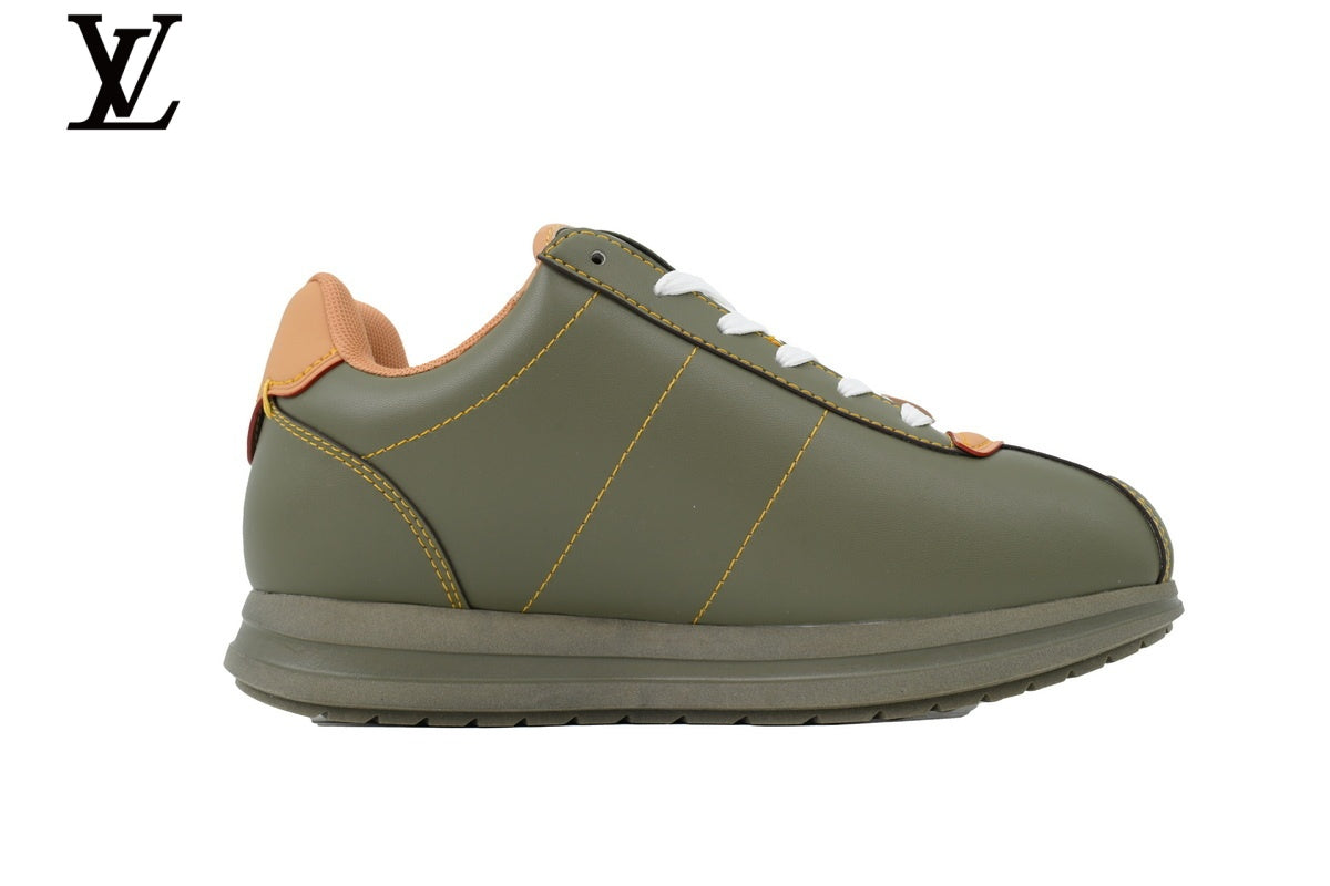 Louis Vuitton Low Top Sneaker in Olive Smooth Leather with Red LV Logo