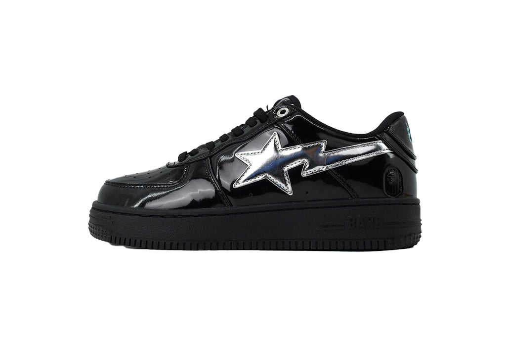 A BATHING APE BAPE STA Glossy Black & Silver-Star Sneakers | Women's & Men's Skate-Inspired Shoes