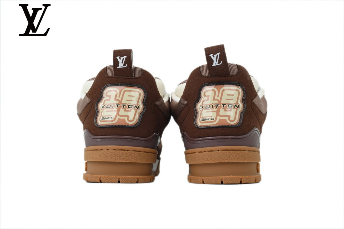 Louis Vuitton Trainer  shoes for man  women  Sneaker – Brown Suede & Mesh with White & Gum Sole